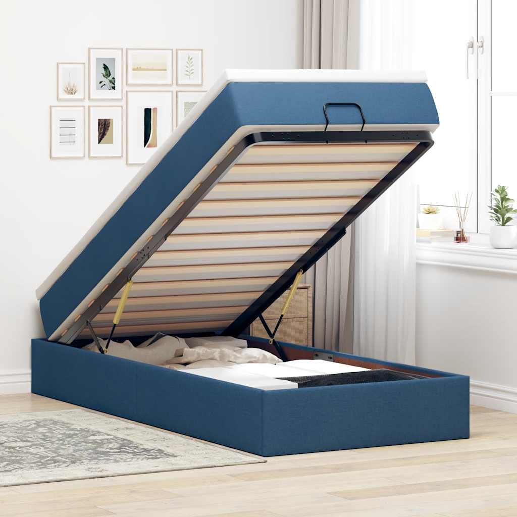 Estrutura de cama otomana com colchão tecido azul 90x200cm