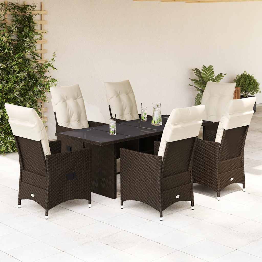 7 Pcs conjunto jantar p/ jardim c/ almofadões vime PE castanho