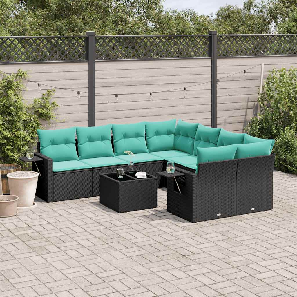 Conjunto de sofá de jardim de 9 peças com almofadas em rattan sintético preto
