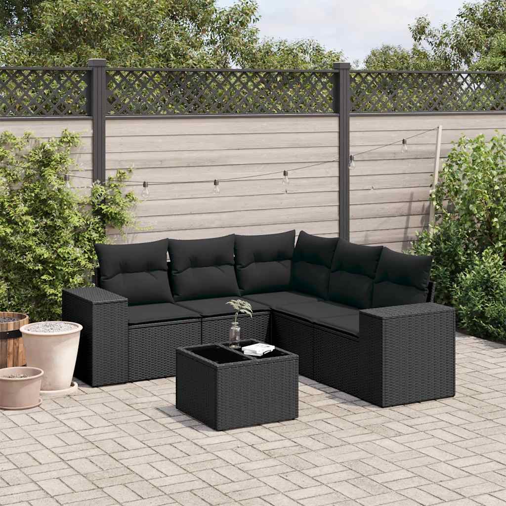 6 Pcs conjunto sofás de jardim c/ almofadões vime PE preto