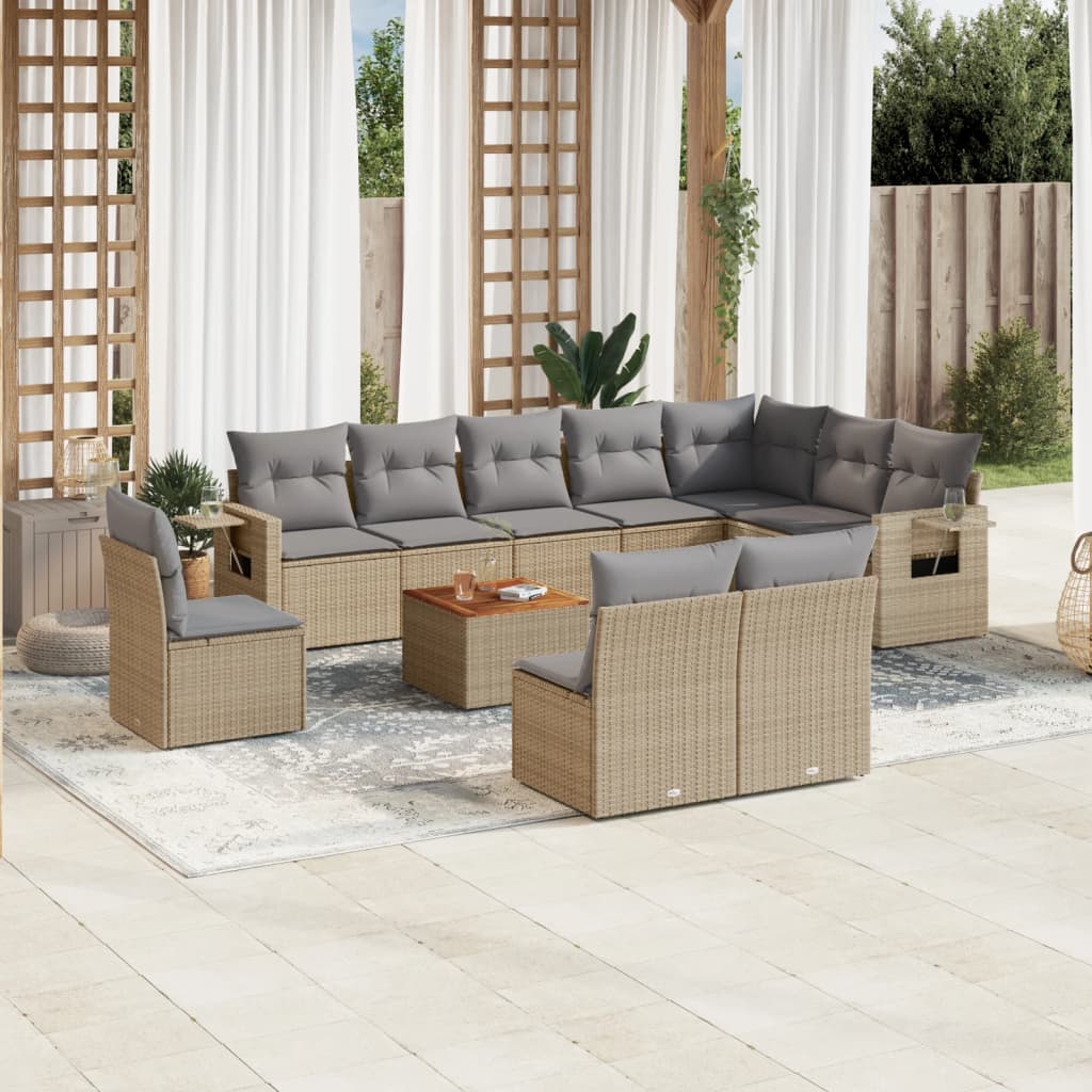 11 Pcs conjunto sofás de jardim c/ almofadões vime PE bege