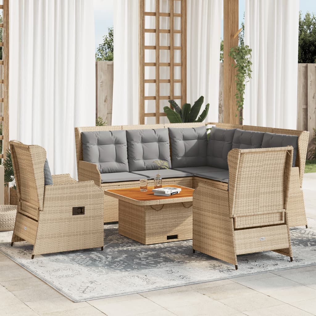 5 Pcs conjunto lounge p/ jardim com almofadões vime PE bege