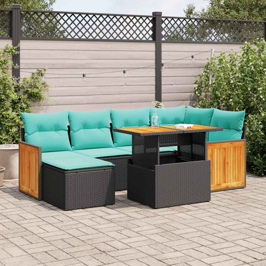 7 Pcs conj. sofás jardim c/ almofadões vime PE/acácia castanho
