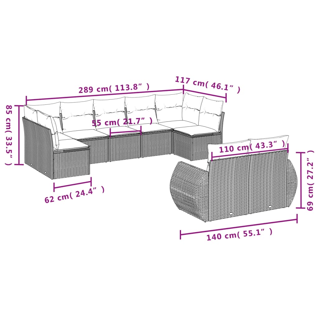 9 Pcs conj. sofás jardim com almofadões vime PE cinzento-claro