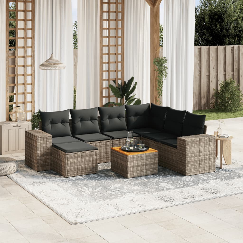 8 Pcs conjunto sofás de jardim c/ almofadões vime PE cinzento