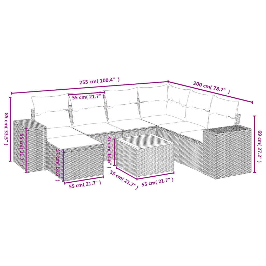 8 Pcs conjunto sofás de jardim c/ almofadões vime PE cinzento