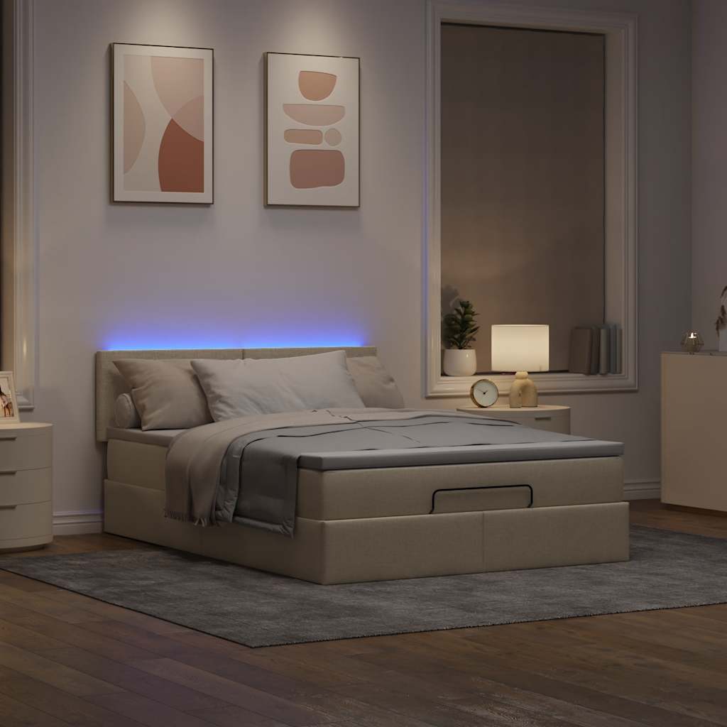 Cama otomana com colchão & leds creme 140x190cm tecido