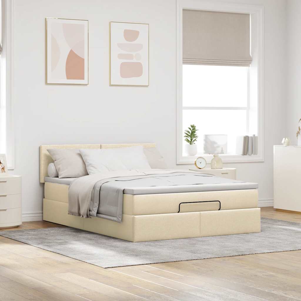 Cama otomana com colchão & leds creme 140x190cm tecido
