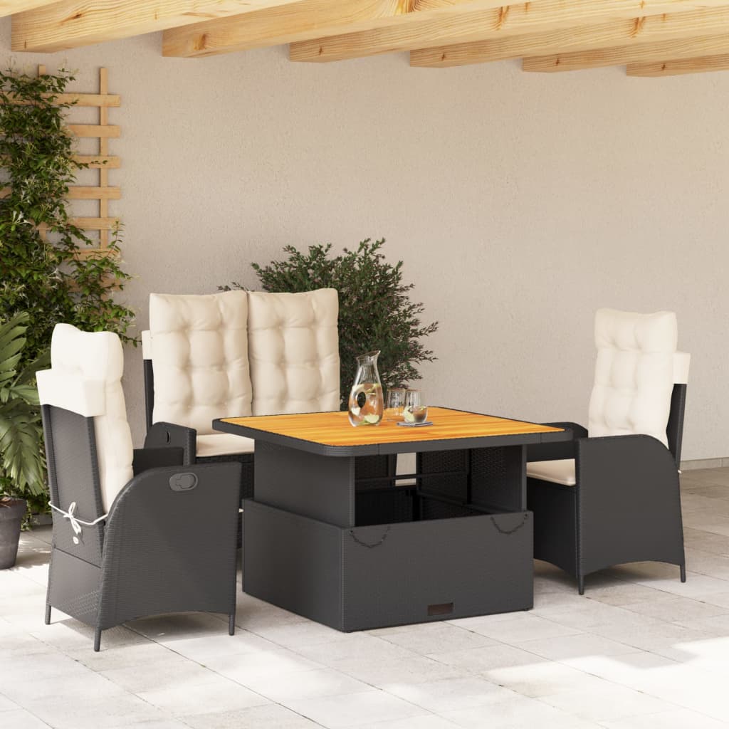 4 Pcs conjunto de jardim p/ jardim c/ almofadões vime PE preto