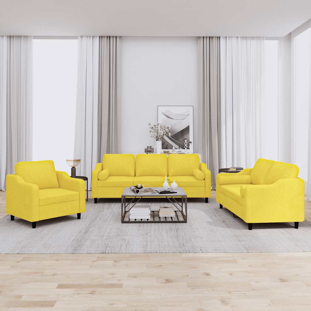 3 Pcs conjunto de sofás com almofadas tecido amarelo-claro