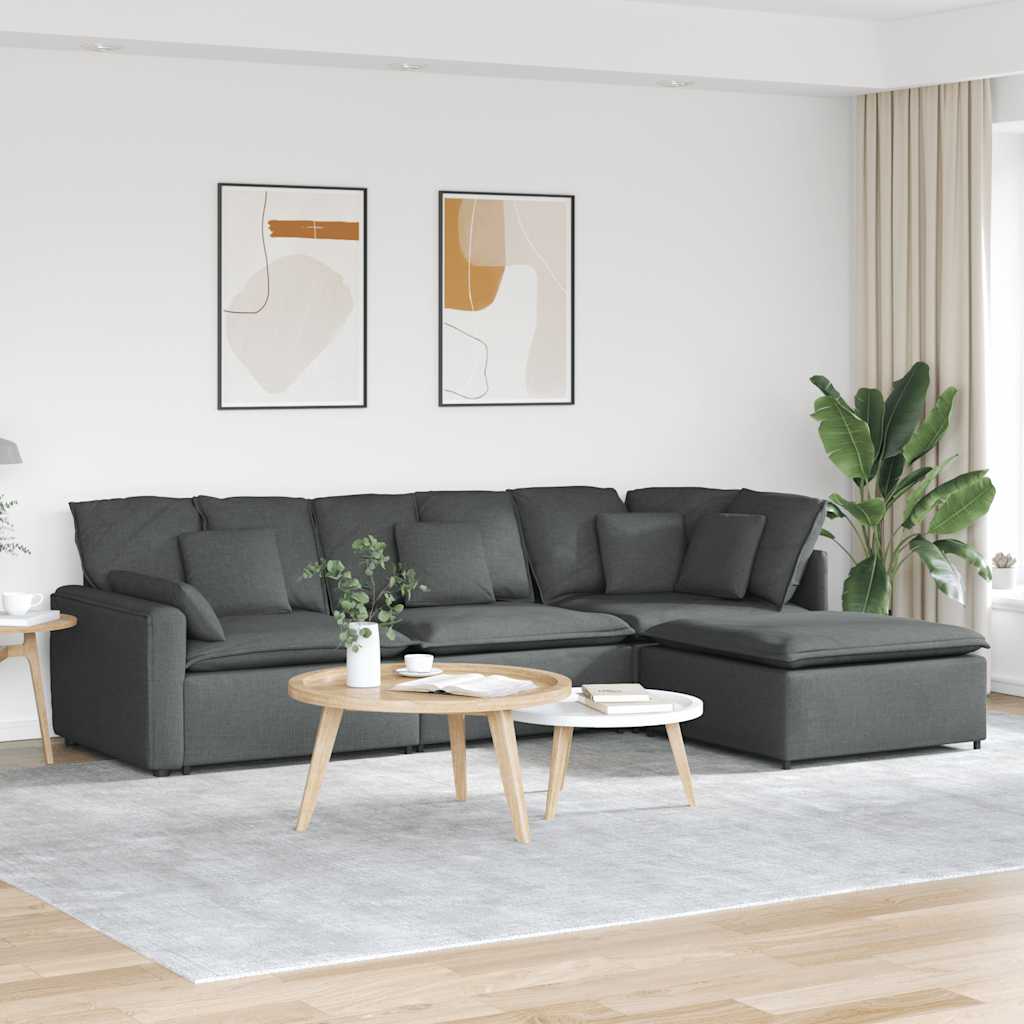 Sofá modular com apoio para os pés e almofadas, tecido cinza escuro