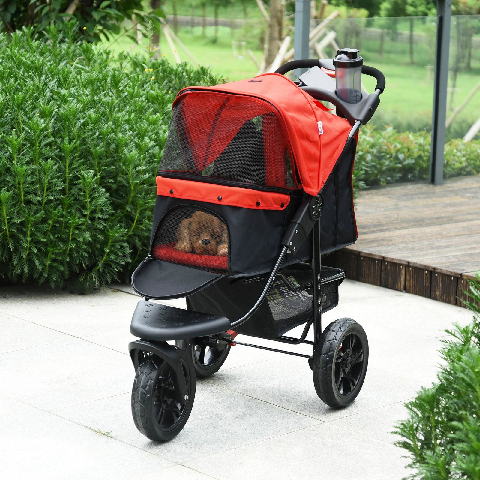 Carrinho dobrável para animais de estimação com 3 rodas Correias de segurança e cesto de armazenamento 109,5x54,5x106,5 cm Verme