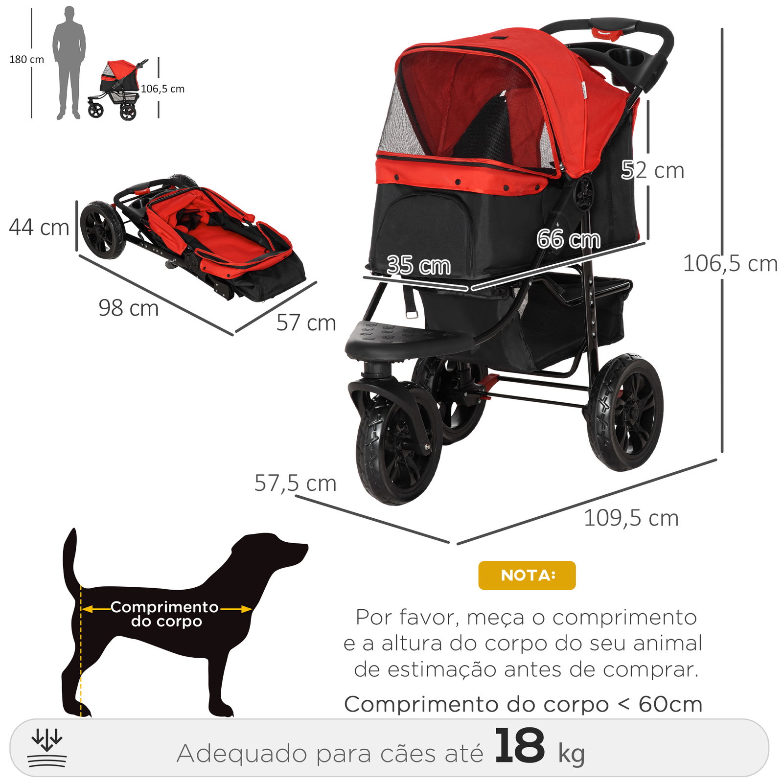 Carrinho dobrável para animais de estimação com 3 rodas Correias de segurança e cesto de armazenamento 109,5x54,5x106,5 cm Verme