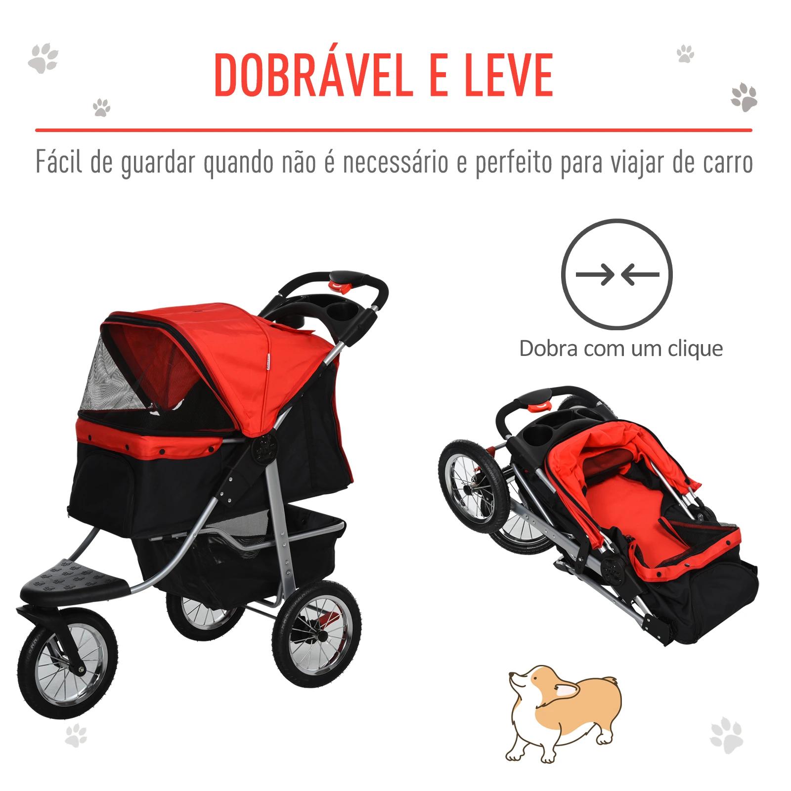 Carrinho dobrável para animais de estimação com 3 rodas Correias de segurança e cesto de armazenamento 109,5x54,5x106,5 cm Verme
