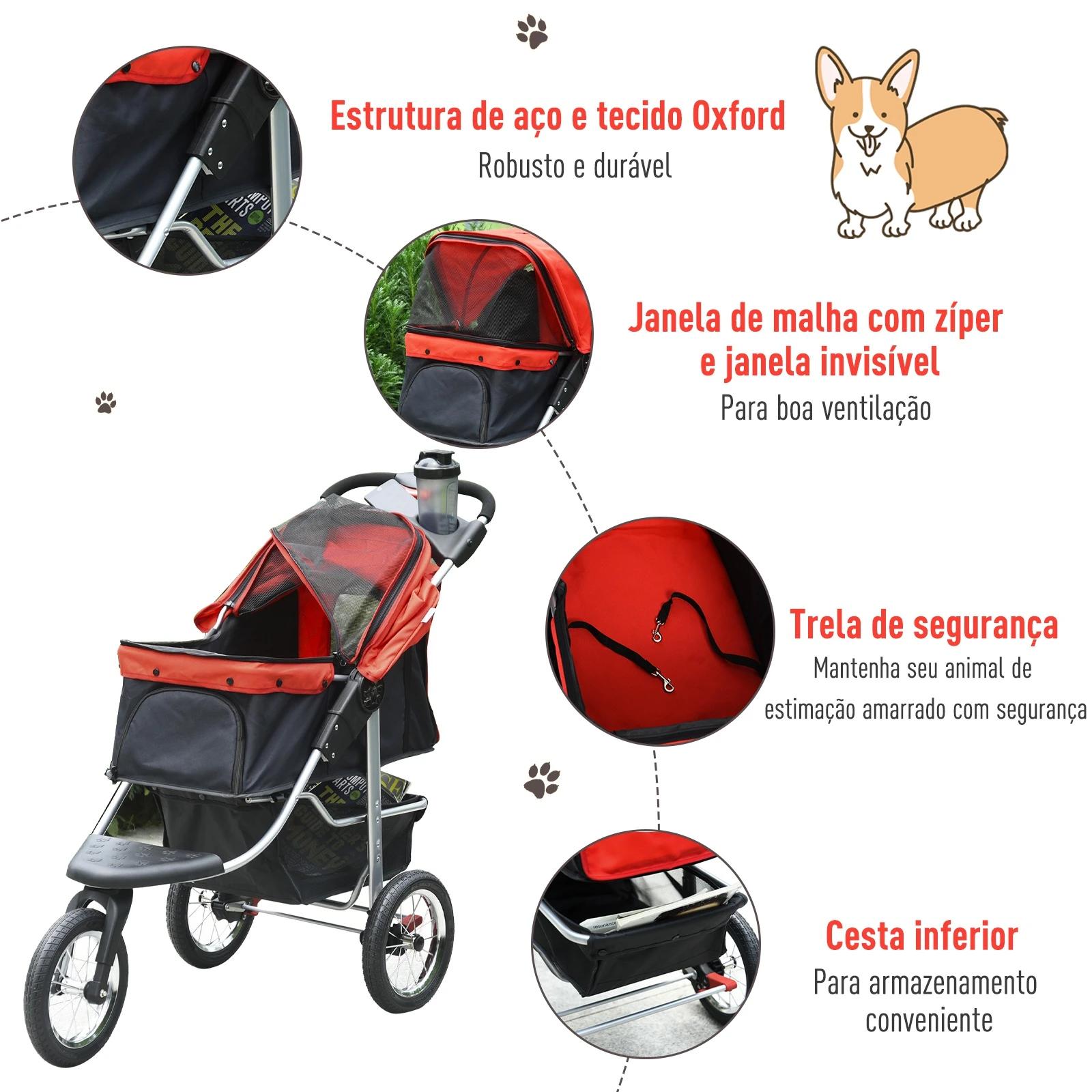 Carrinho dobrável para animais de estimação com 3 rodas Correias de segurança e cesto de armazenamento 109,5x54,5x106,5 cm Verme