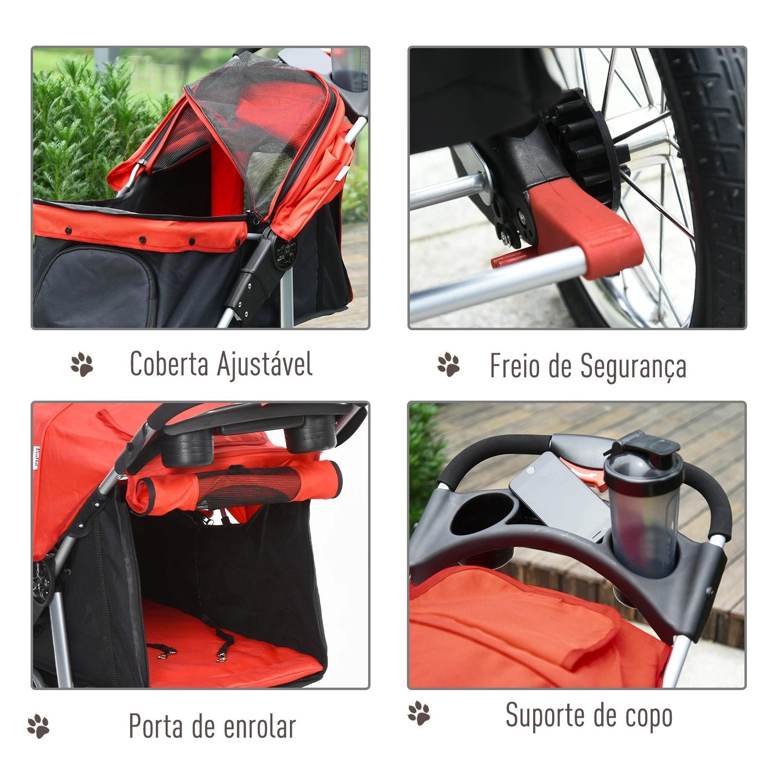 Carrinho dobrável para animais de estimação com 3 rodas Correias de segurança e cesto de armazenamento 109,5x54,5x106,5 cm Verme
