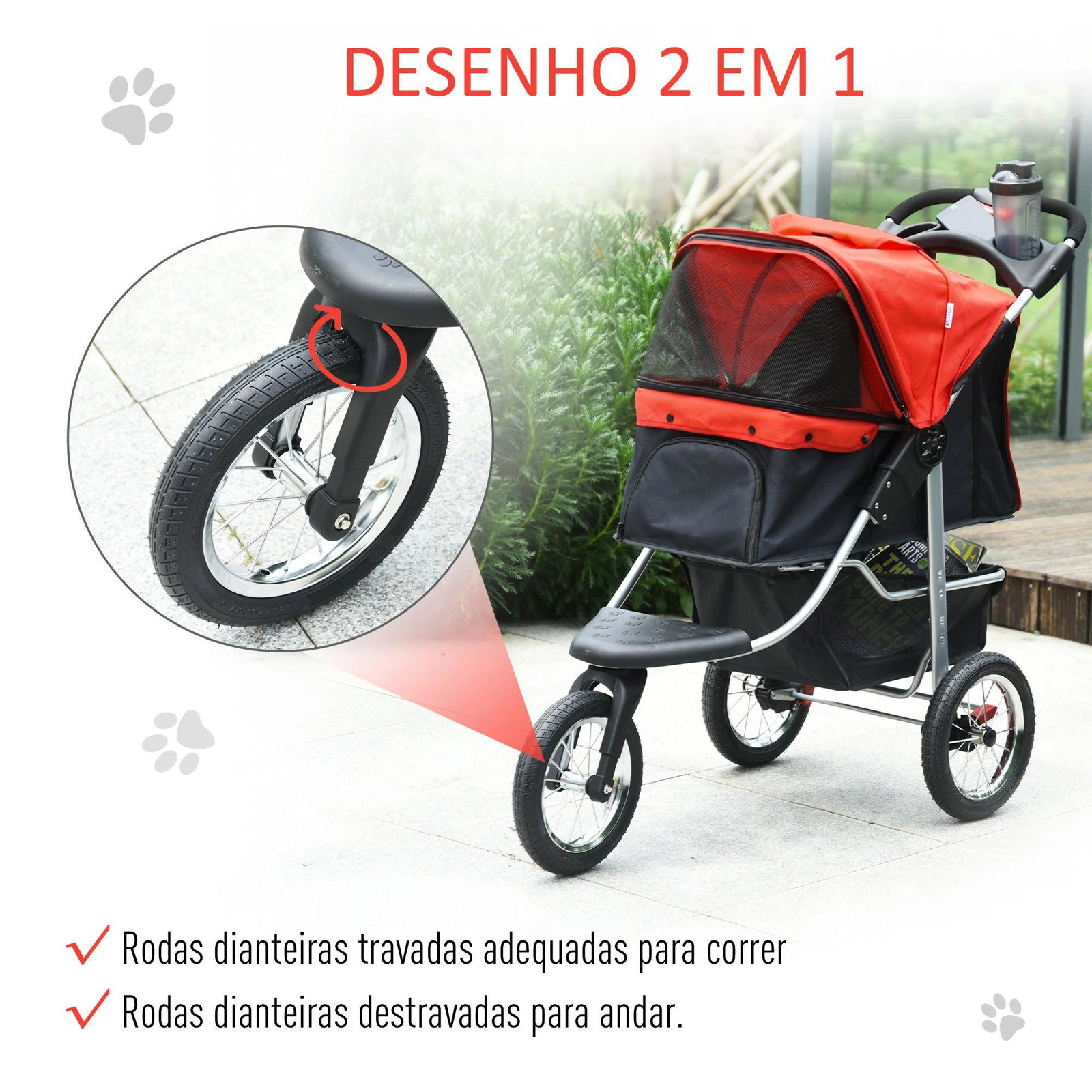 Carrinho dobrável para animais de estimação com 3 rodas Correias de segurança e cesto de armazenamento 109,5x54,5x106,5 cm Verme