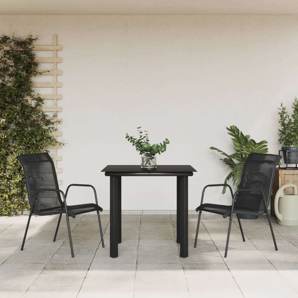 3 Pcs conjunto de jantar para jardim aço e textilene preto