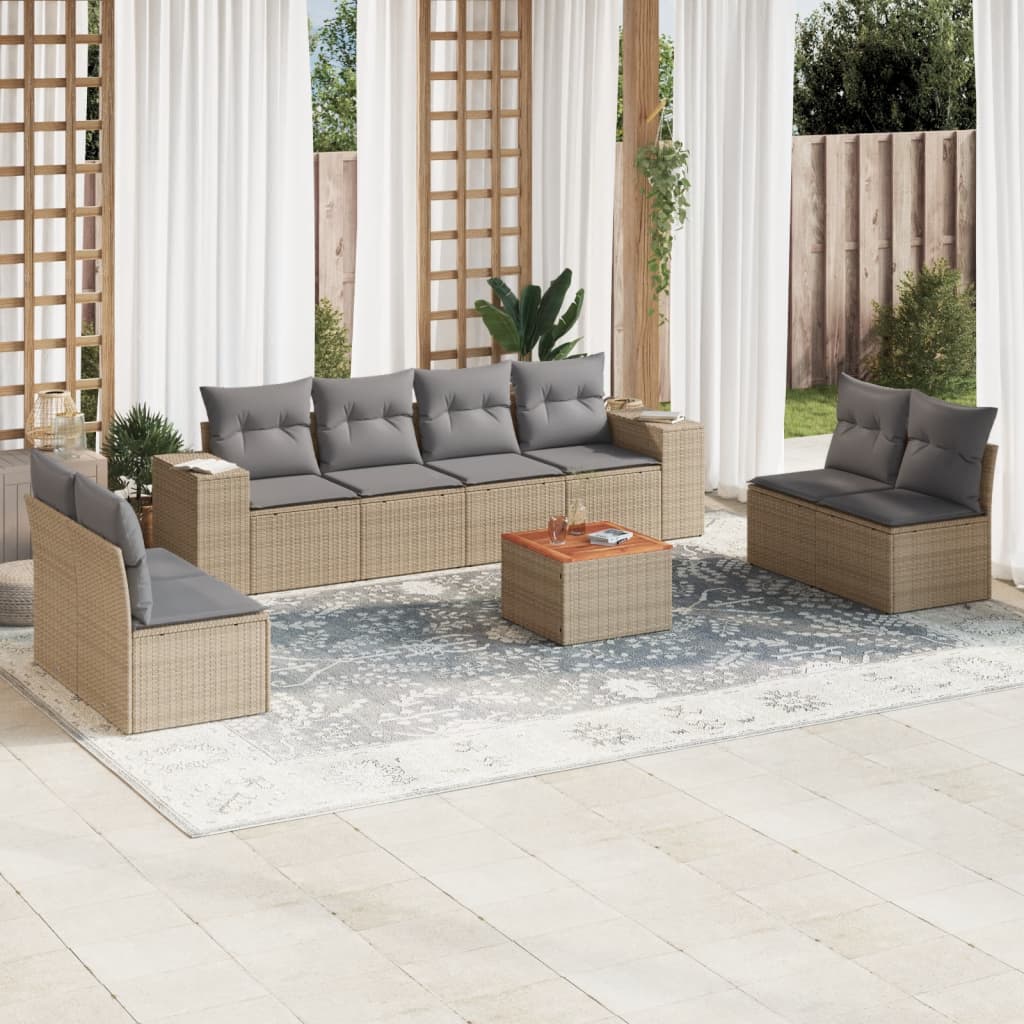 9 Pcs conjunto de sofás p/ jardim com almofadões vime PE bege
