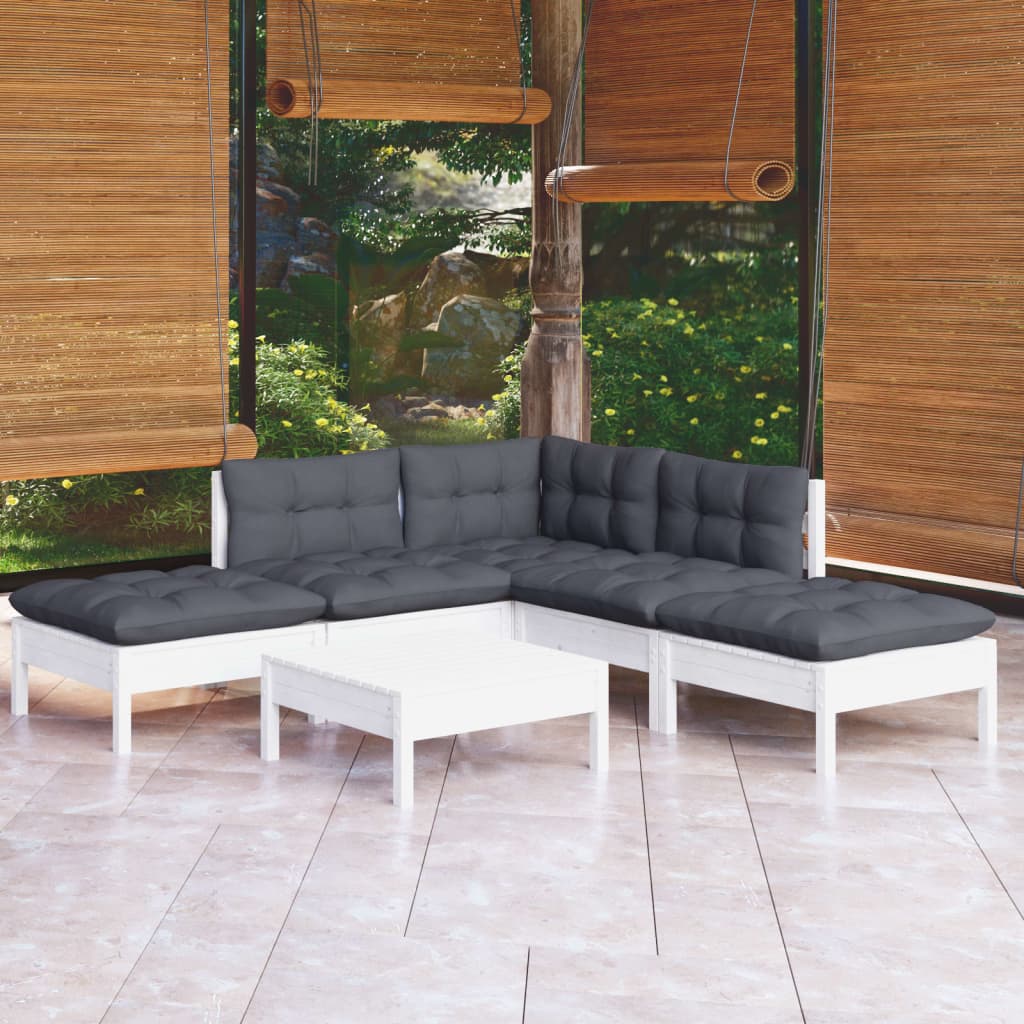 6 Pcs conjunto lounge de jardim c/ almofadões pinho branco
