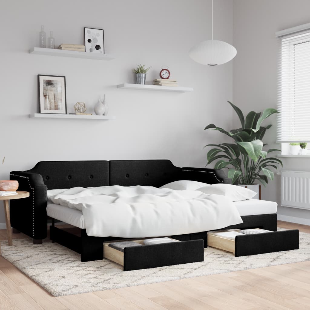 Sofá-cama com gavetão e gavetas 100x200 cm tecido preto