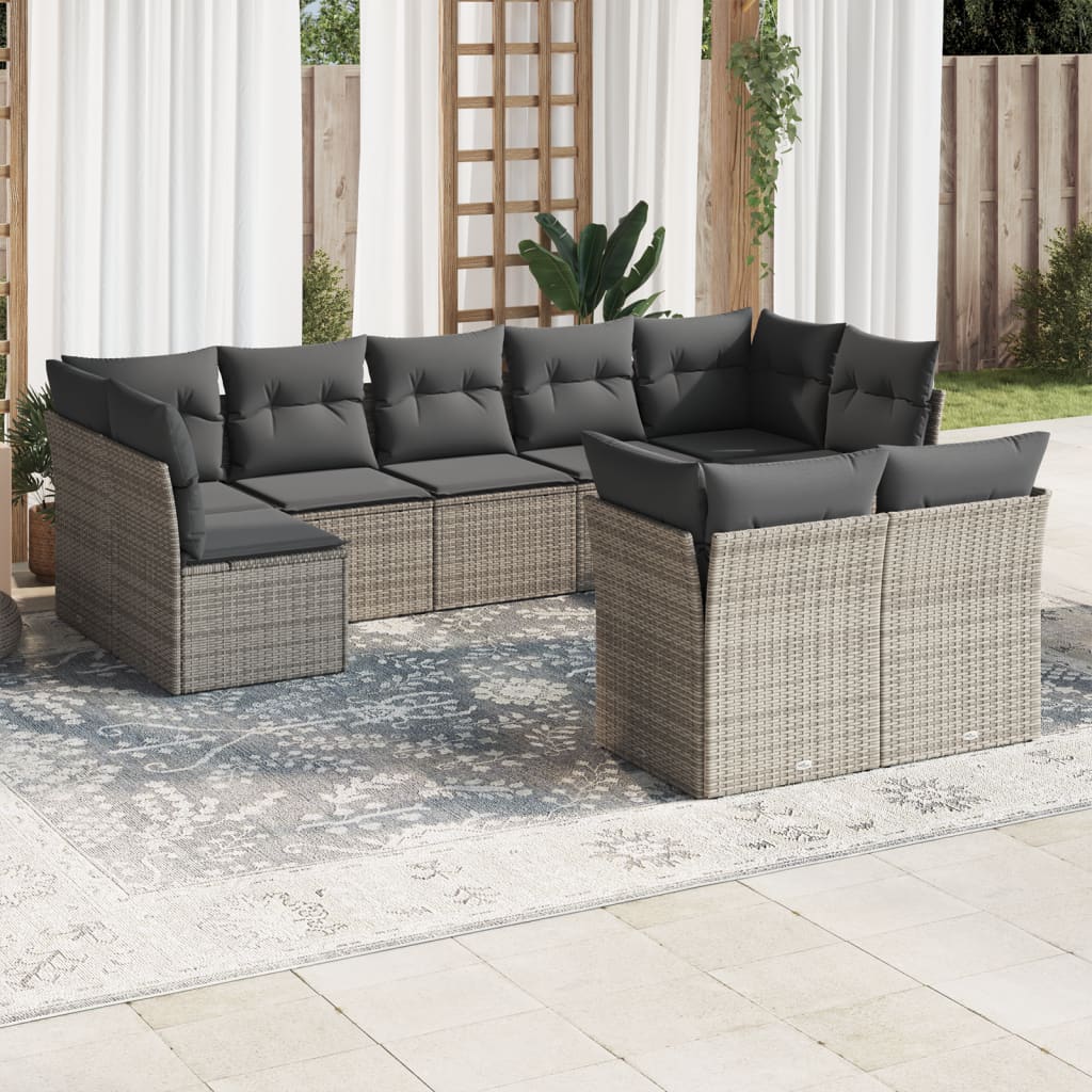 9 Pcs conjunto sofás p/ jardim com almofadões vime PE cinzento