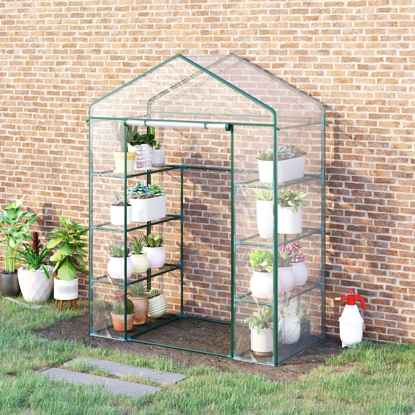 Estufa de jardim com 8 prateleiras cobertura de PVC e estrutura de aço 143x73x195 cm transparente e verde