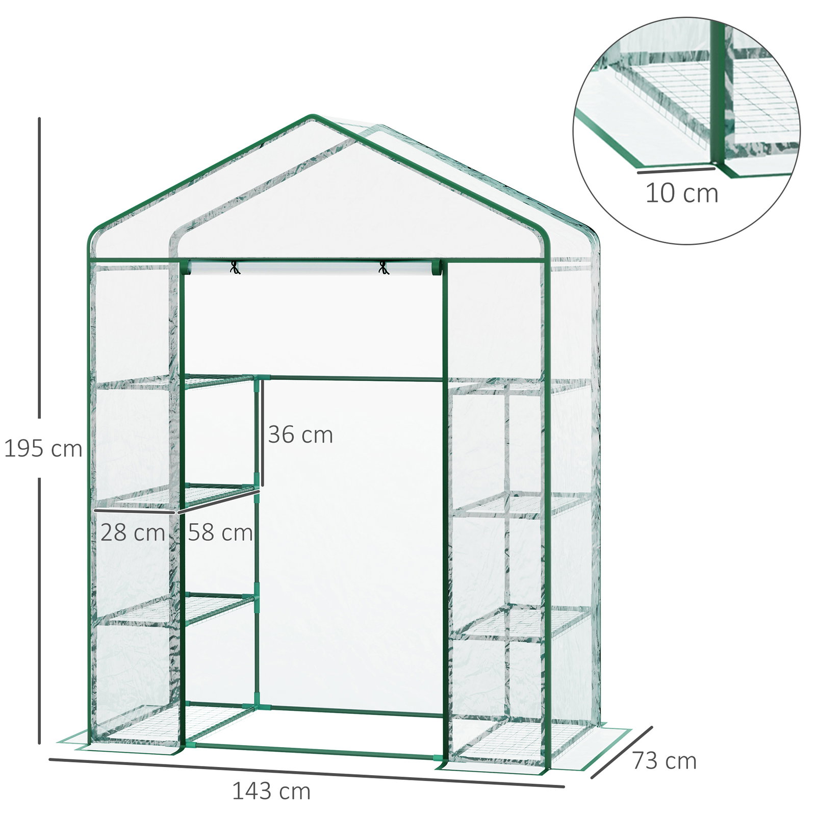 Estufa de jardim com 8 prateleiras cobertura de PVC e estrutura de aço 143x73x195 cm transparente e verde