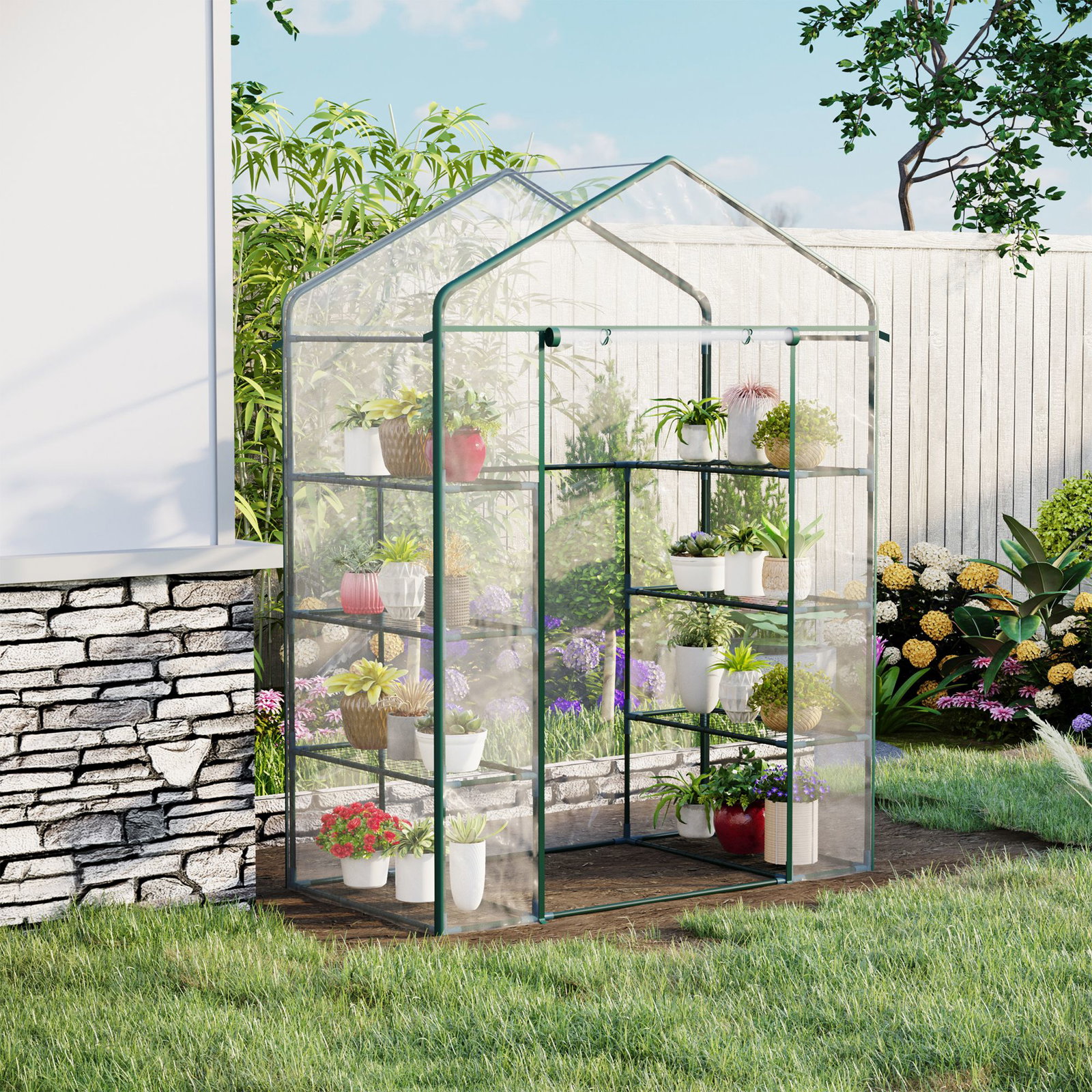 Estufa de jardim com 8 prateleiras cobertura de PVC e estrutura de aço 143x73x195 cm transparente e verde