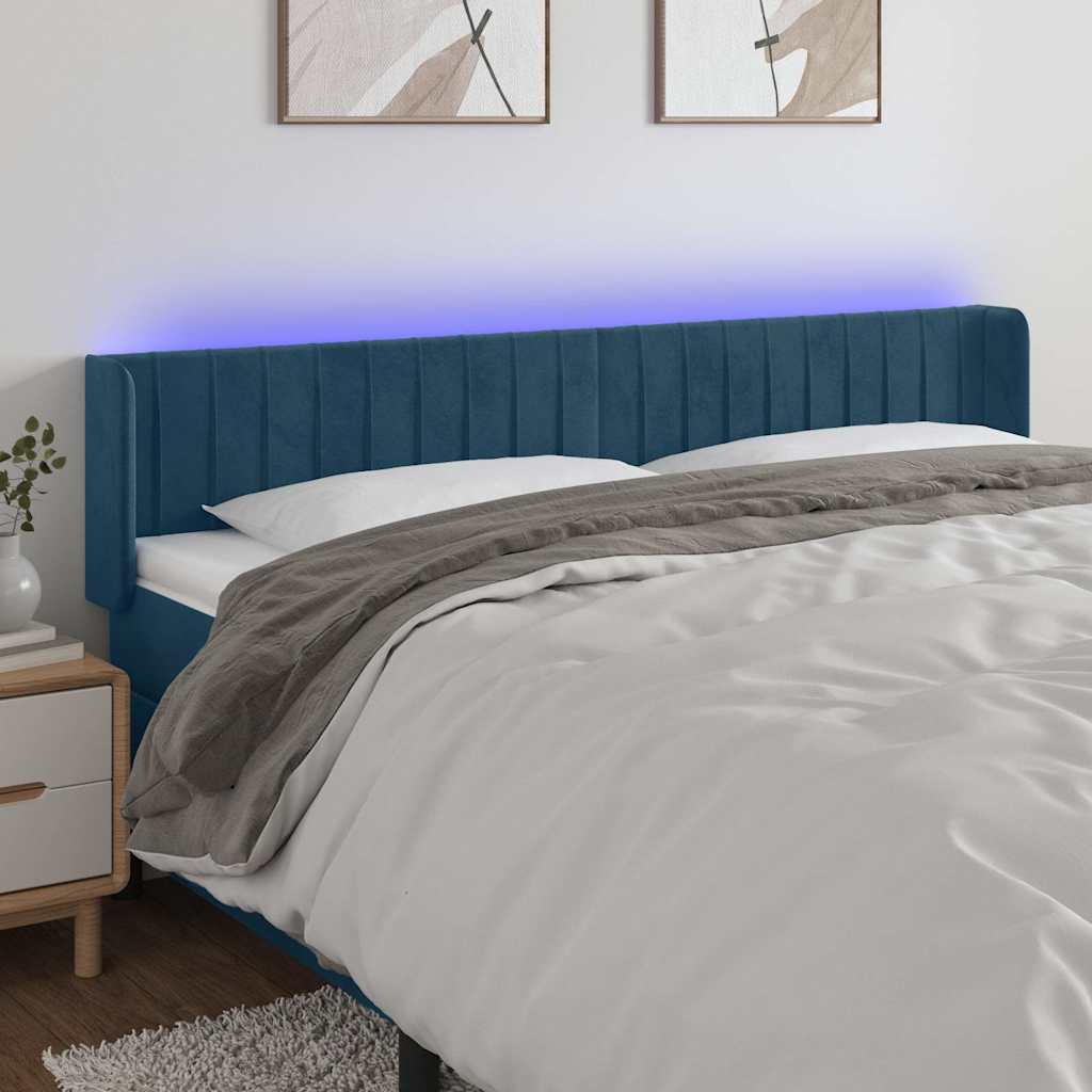 Cabeceira cama c/ luzes LED veludo 163x16x78/88 cm azul-escuro