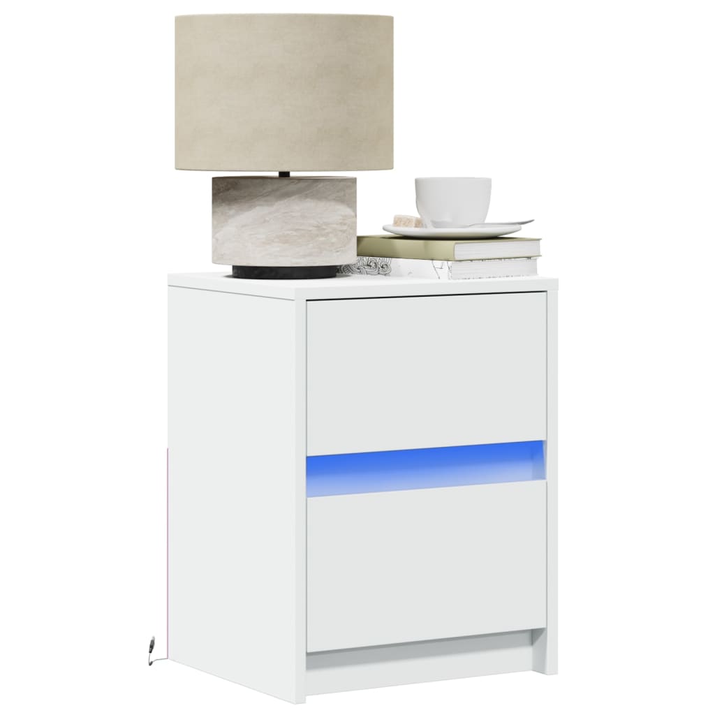 Mesas de cabeceira c/ luzes LED 2 pcs derivados madeira branco