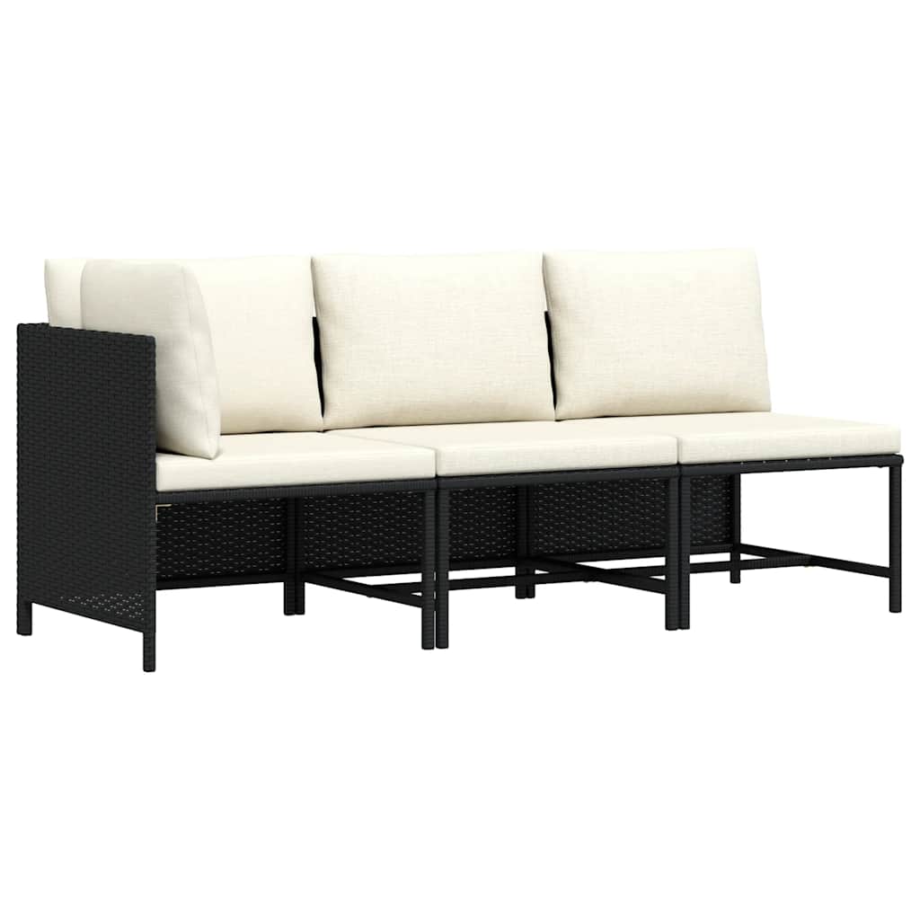 3 Pcs conjunto sofás de jardim com almofadões vime PE preto