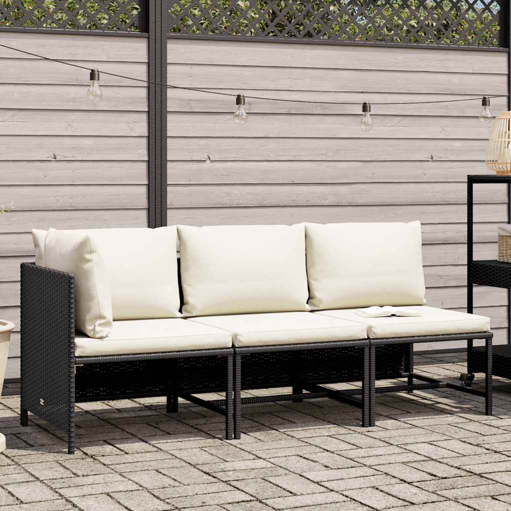 3 Pcs conjunto sofás de jardim com almofadões vime PE preto