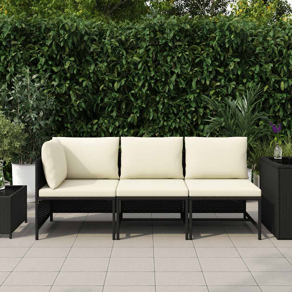 3 Pcs conjunto sofás de jardim com almofadões vime PE preto