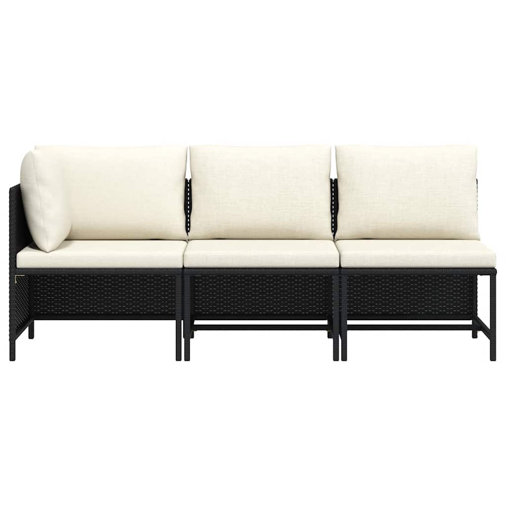 3 Pcs conjunto sofás de jardim com almofadões vime PE preto