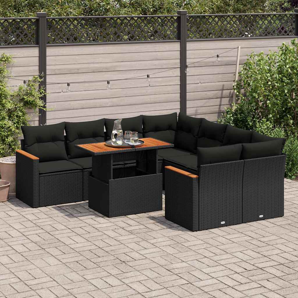 9 Pcs conjunto sofás p/ jardim almofadões vime PE/acácia preto