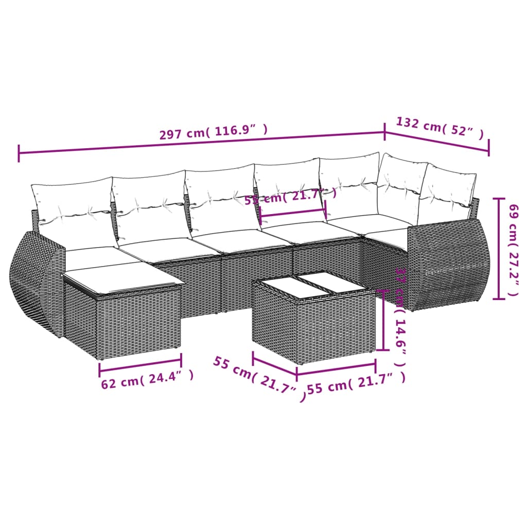 8 Pcs conjunto de sofás p/ jardim com almofadões vime PE bege