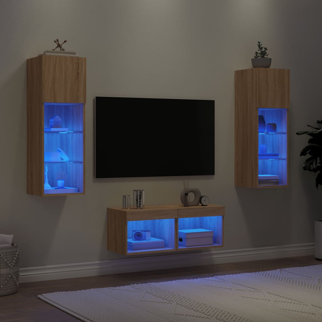 4 Pcs móveis de parede para TV com luzes LED carvalho sonoma