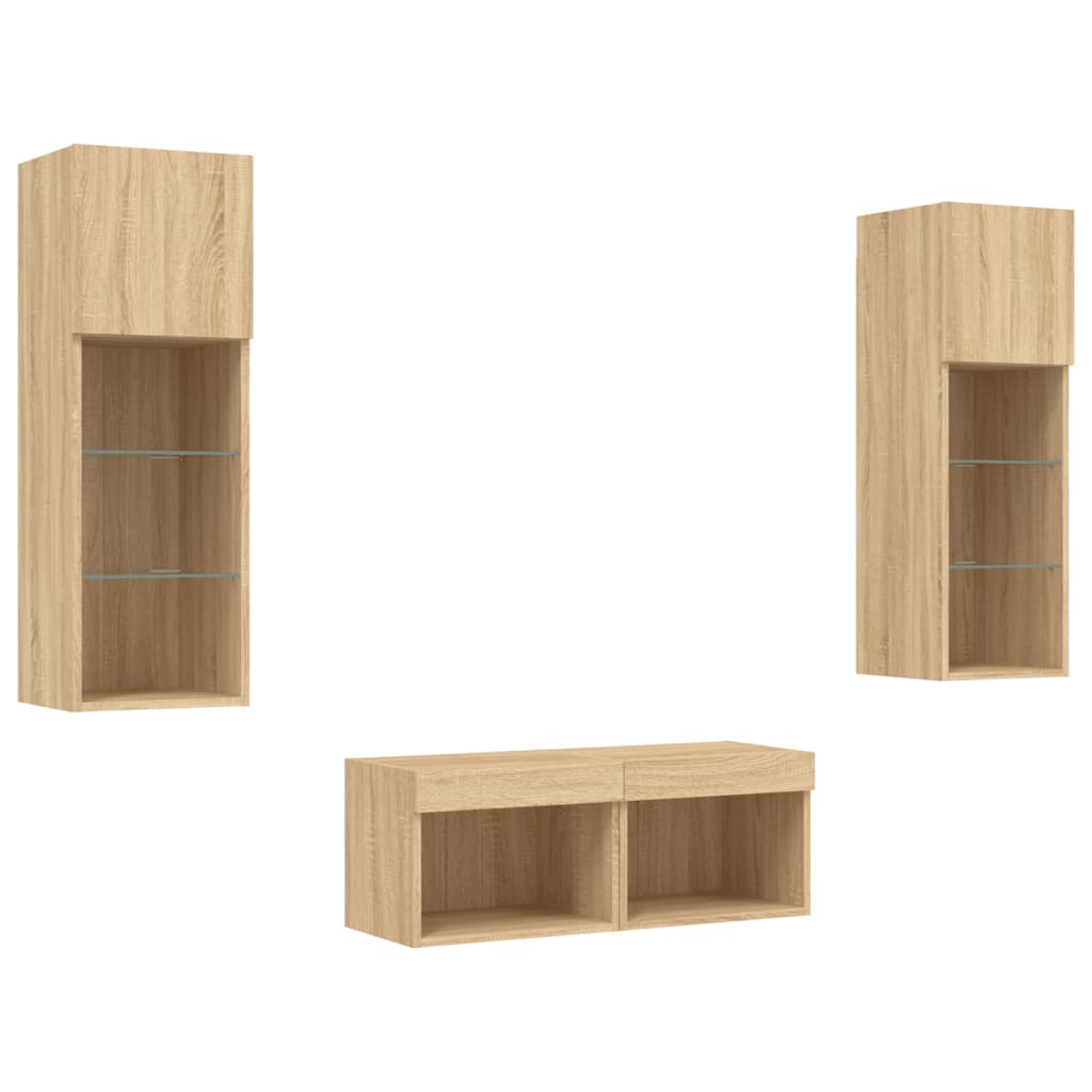 4 Pcs móveis de parede para TV com luzes LED carvalho sonoma