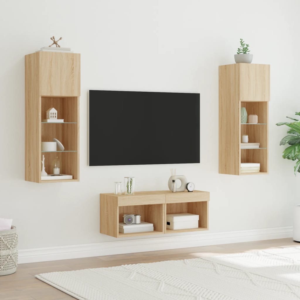 4 Pcs móveis de parede para TV com luzes LED carvalho sonoma