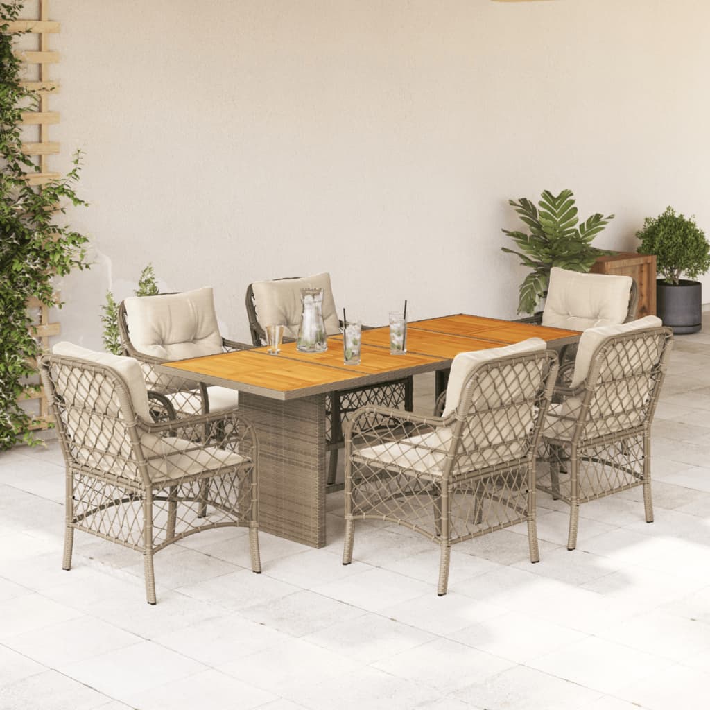 7 Pcs conjunto de jantar p/ jardim com almofadões vime PE bege