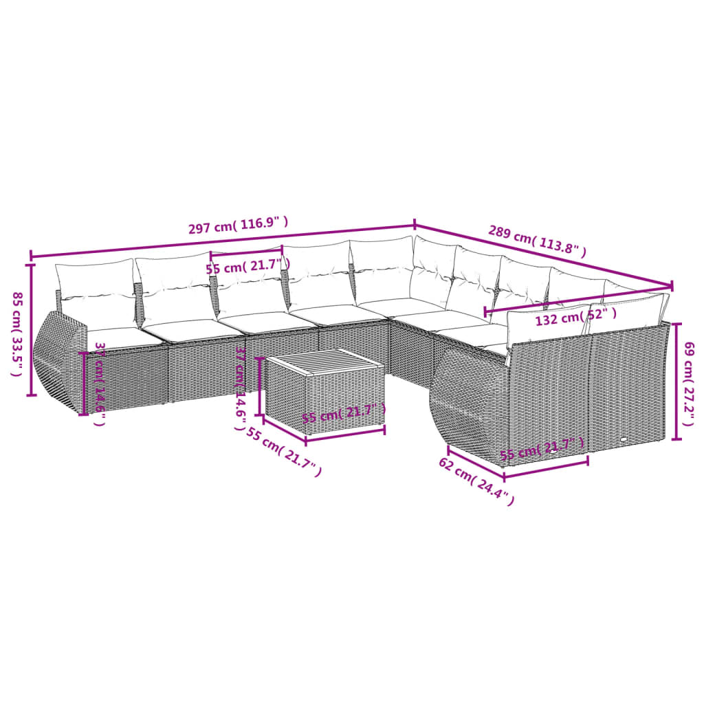 11 Pcs conjunto sofás de jardim c/ almofadões vime PE cinzento