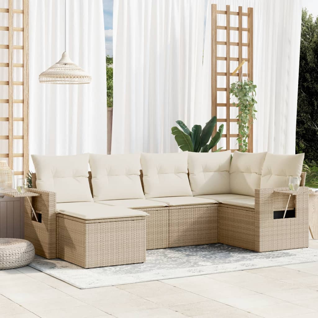 6 Pcs conjunto de sofás p/ jardim com almofadões vime PE bege