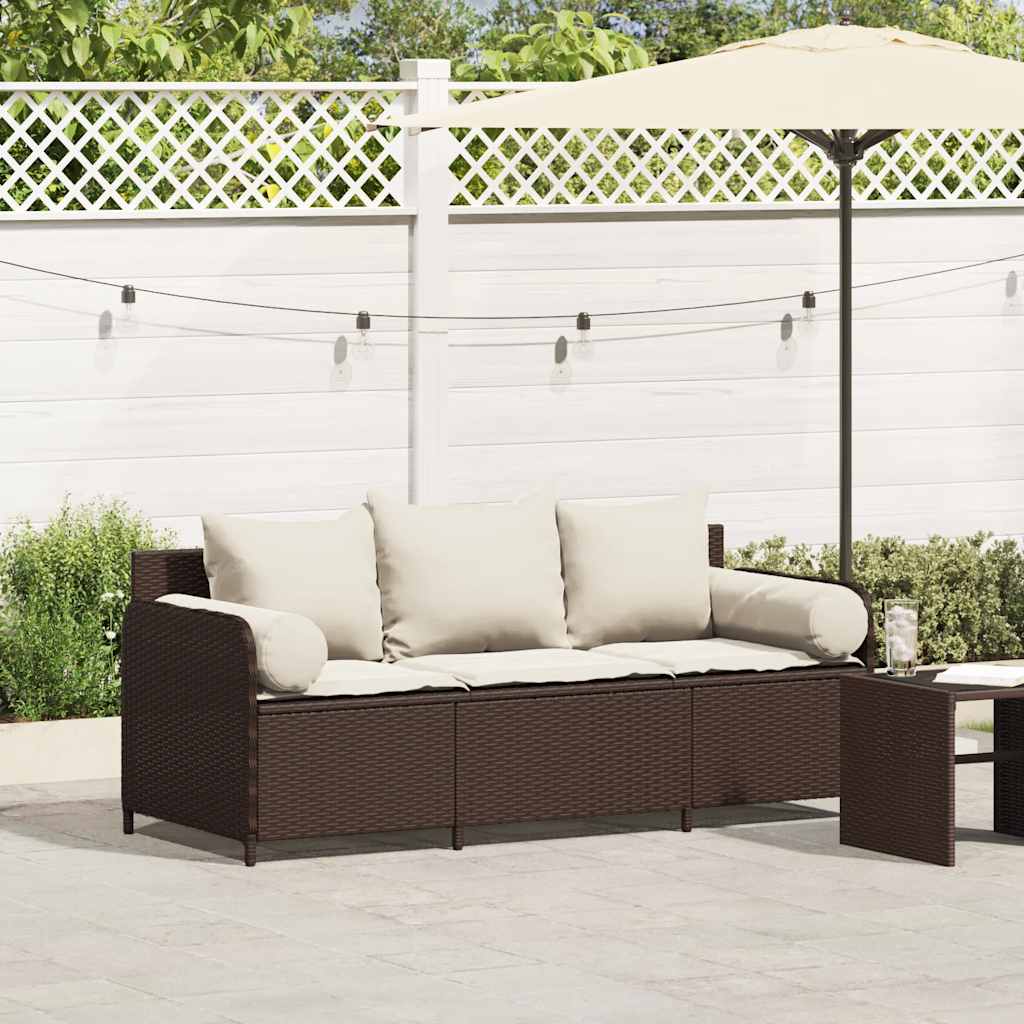 Sofá de jardim com almofadões 3 lugares vime PE castanho