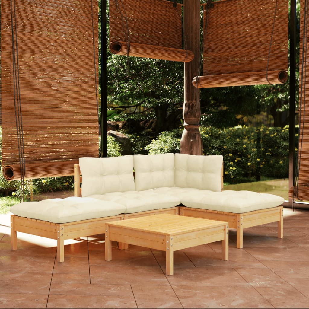 5 Pcs conjunto lounge jardim c/ almofadões cor creme pinho