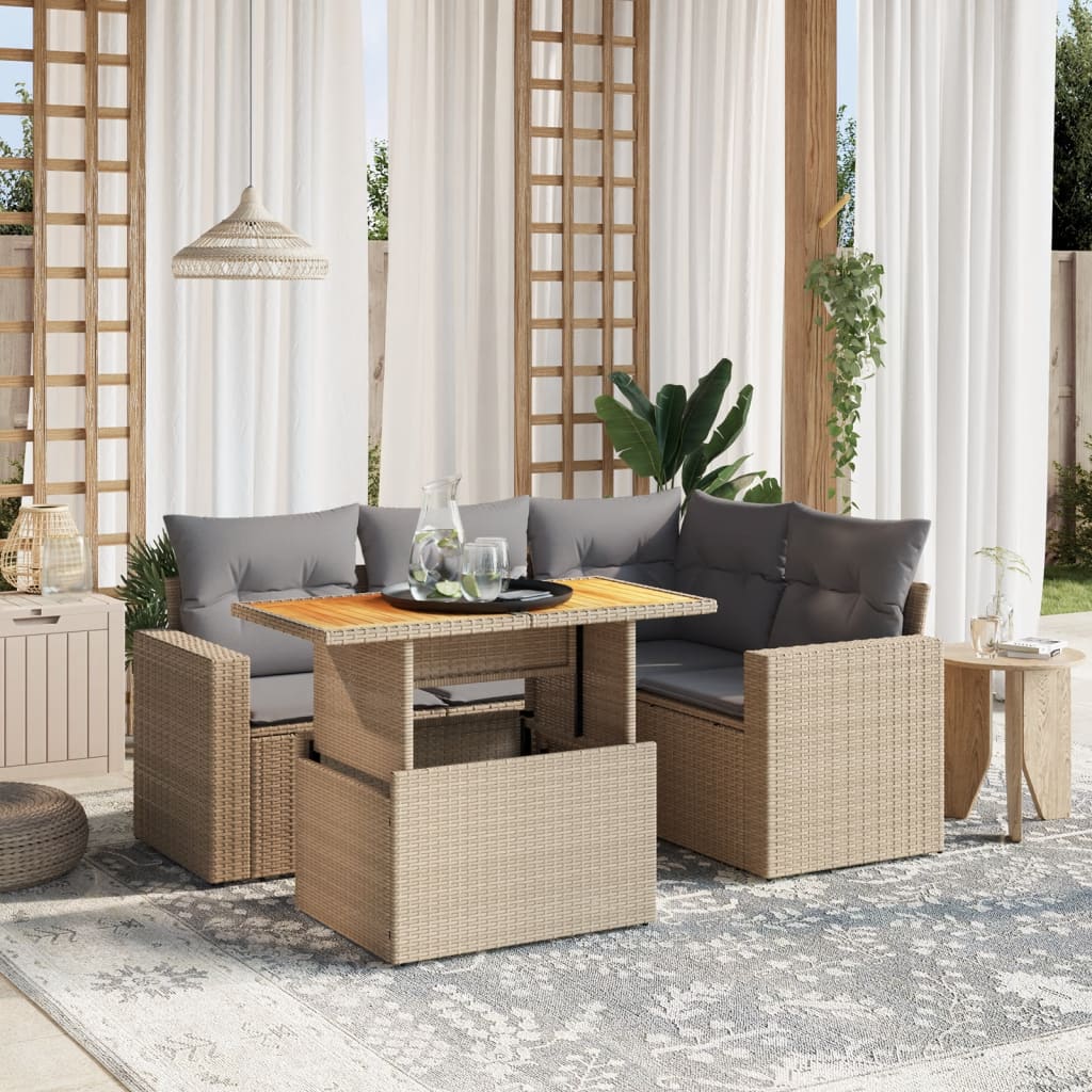 5 Pcs conjunto de sofás p/ jardim com almofadões vime PE bege