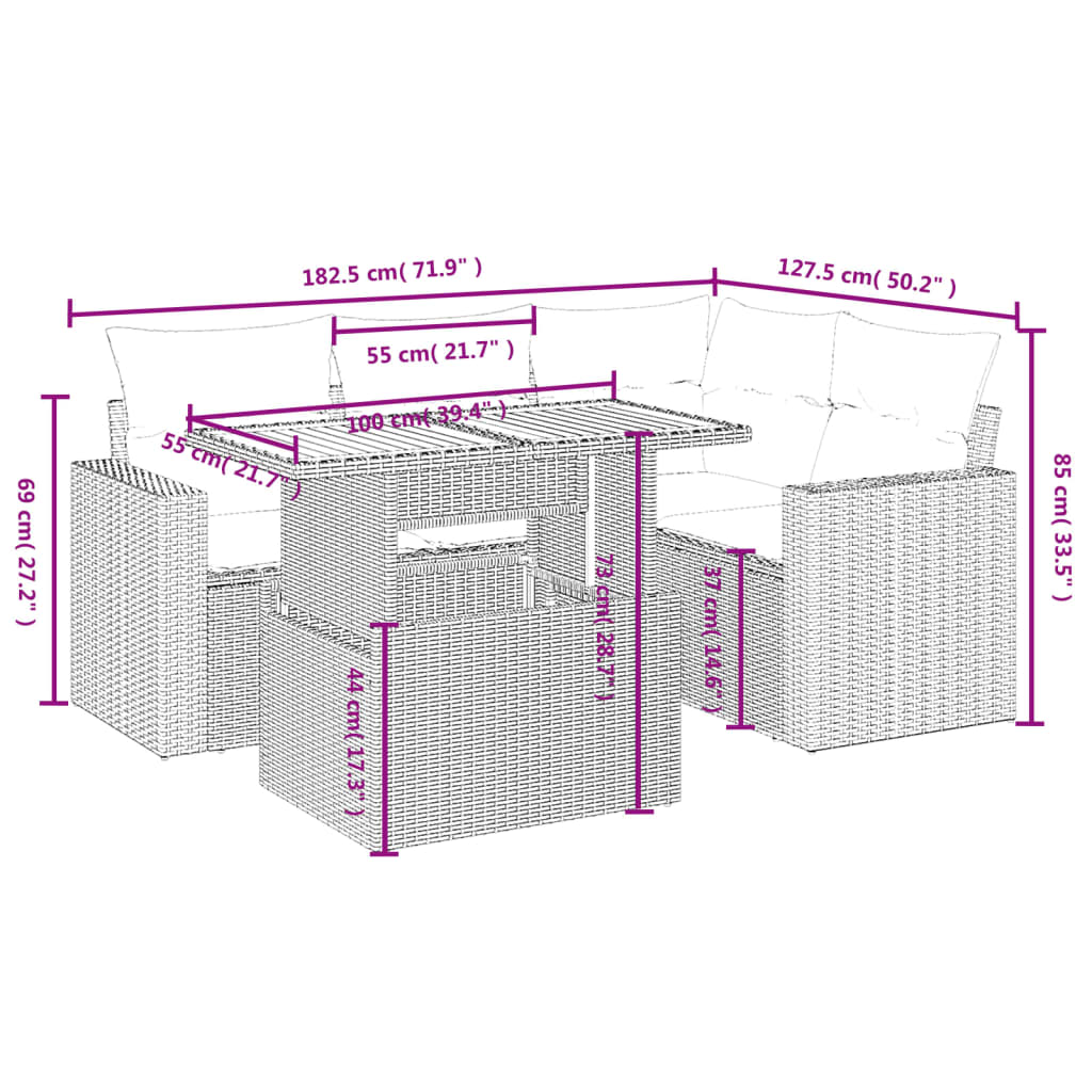5 Pcs conjunto de sofás p/ jardim com almofadões vime PE bege