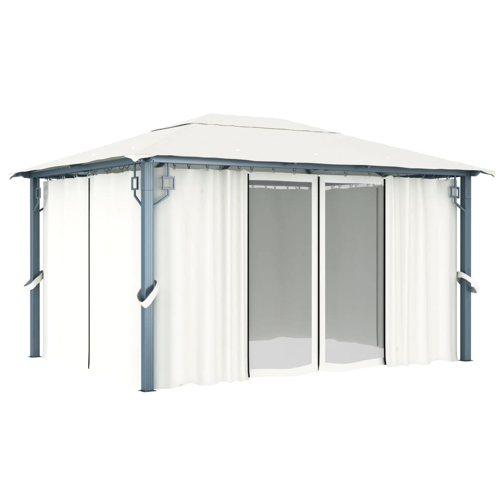 Gazebo com cortinas e cordões de luzes LED 4x3 m alumínio creme