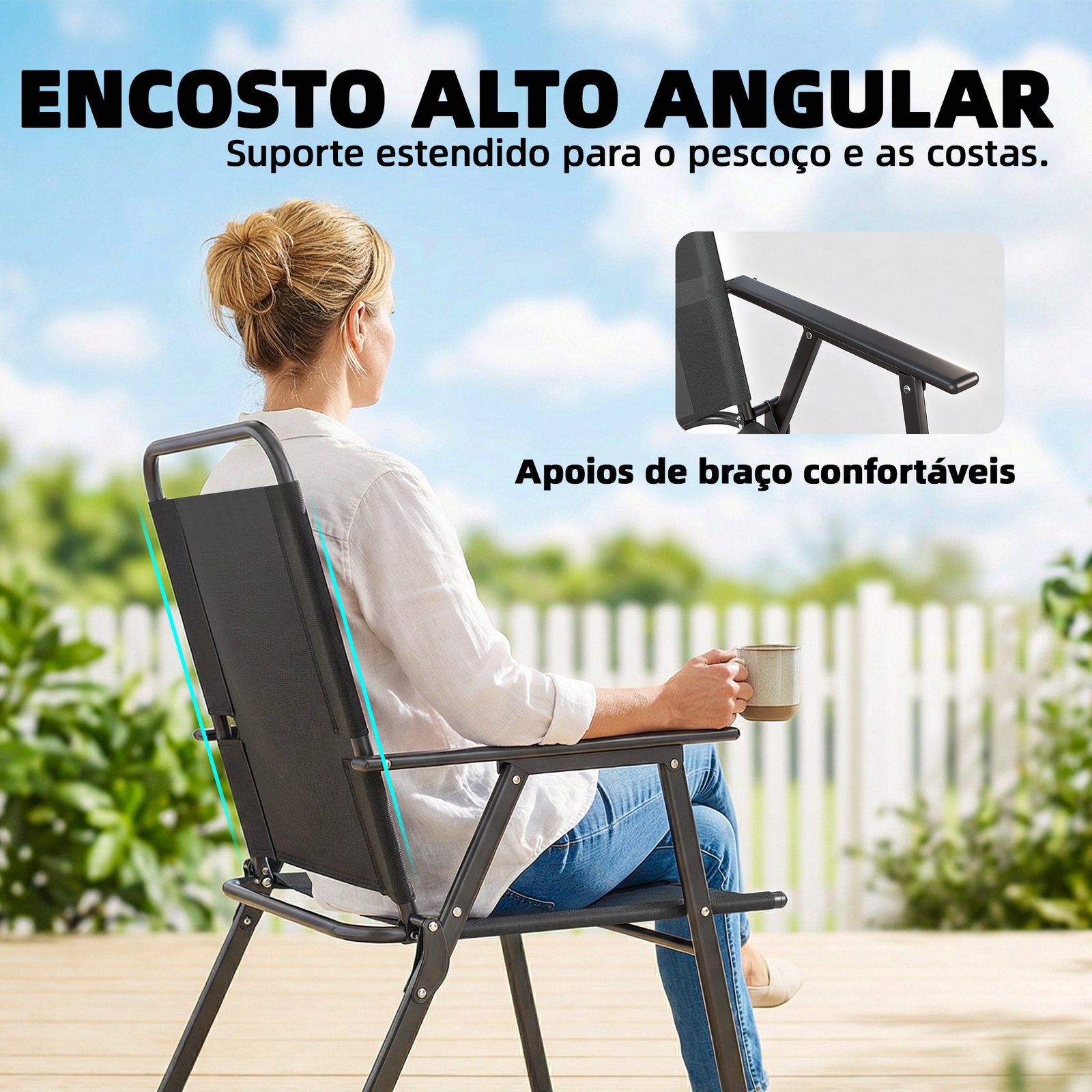 Conjunto de 4 cadeiras de jardim dobráveis com encosto alto e apoios de braços tecido textilene respirável preto