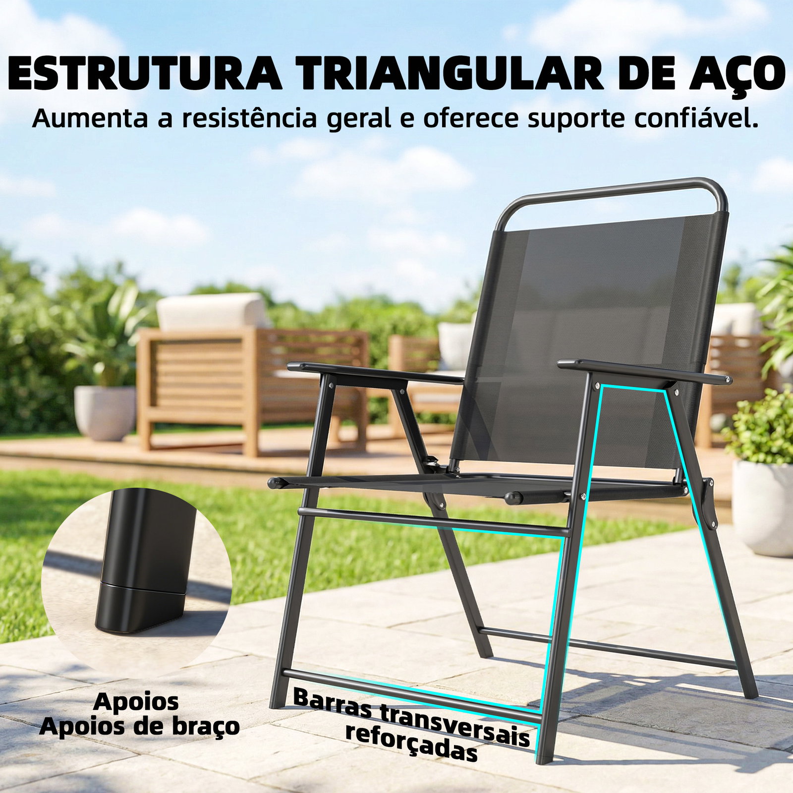 Conjunto de 4 cadeiras de jardim dobráveis com encosto alto e apoios de braços tecido textilene respirável preto